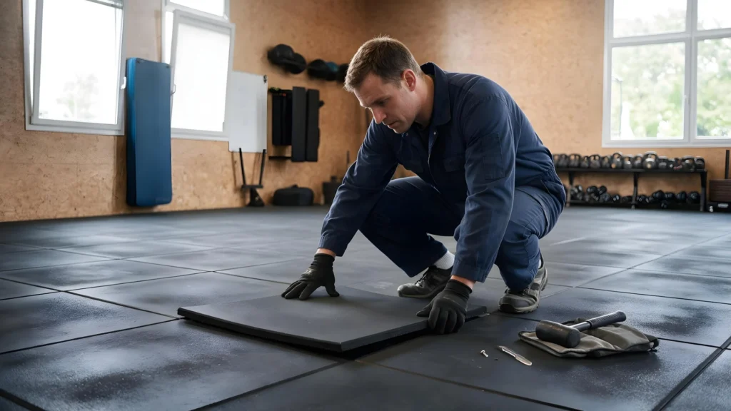 Instalación de piso en curso, con el equipo técnico trabajando en un espacio de gimnasio sin equipos aún montados, mostrando el orden correcto del proceso constructivo.