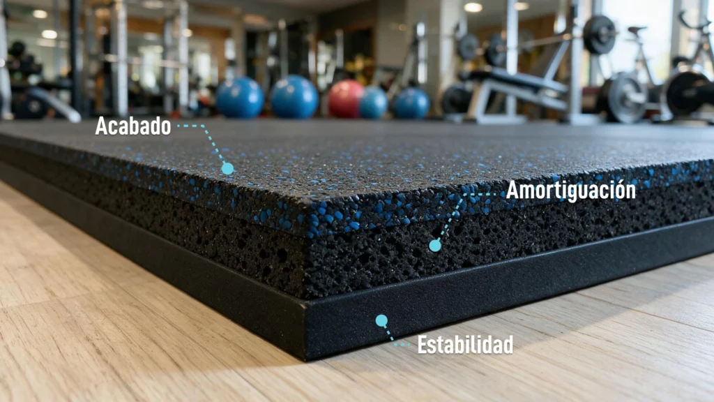 Corte transversal o infografía mostrando las capas de un piso de caucho de gimnasio bien instalado, con anotaciones simples sobre qué función cumple cada capa (amortiguación, estabilidad, acabado superficial).